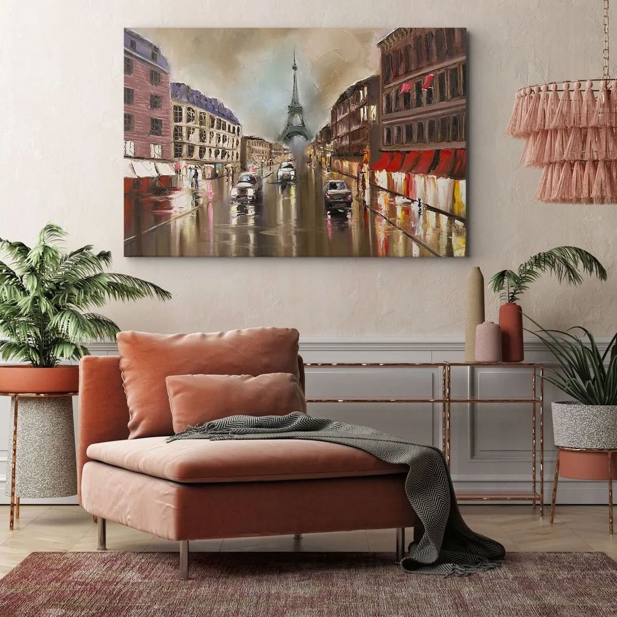 Obraz na płótnie - Wieczorny pejzaż ulicy Paryża z widokiem na wieżę Eiffla - 70x50cm - Liczy się tylko ona - Nowoczesna dekoracja ścienna do salonu i sypialni ARTTOR
