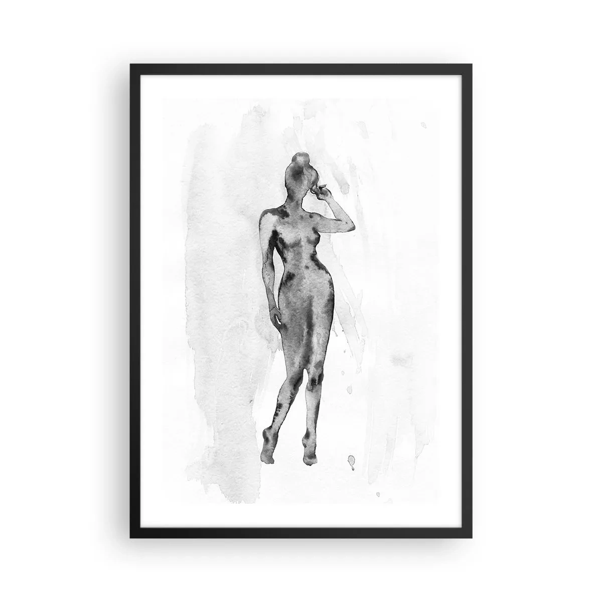Plakat w czarnej ramie - Sylwetka kobiety w technice czarno-białego akwarelu - 50x70cm - Studium ideału kobiecości - Nowoczesna dekoracja ścienna do salonu i sypialni ARTTOR