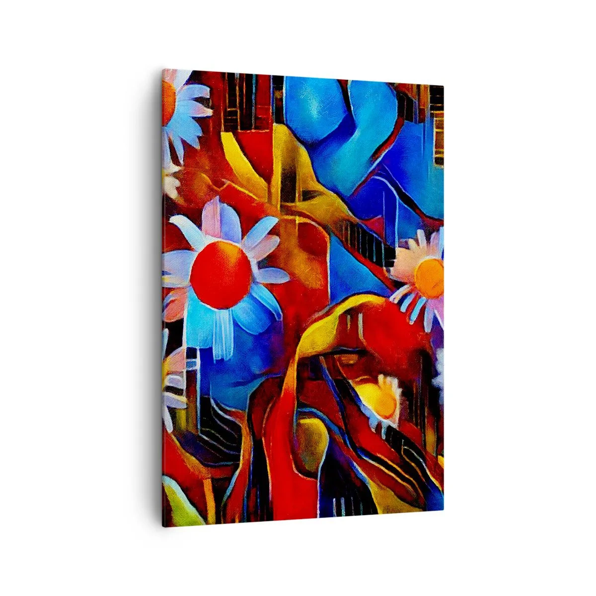 Obraz na płótnie - Abstrakcyjne kwiaty na tle geometrycznych wzorów - 70x100cm - Kolory życia - Nowoczesna dekoracja ścienna do salonu i sypialni ARTTOR