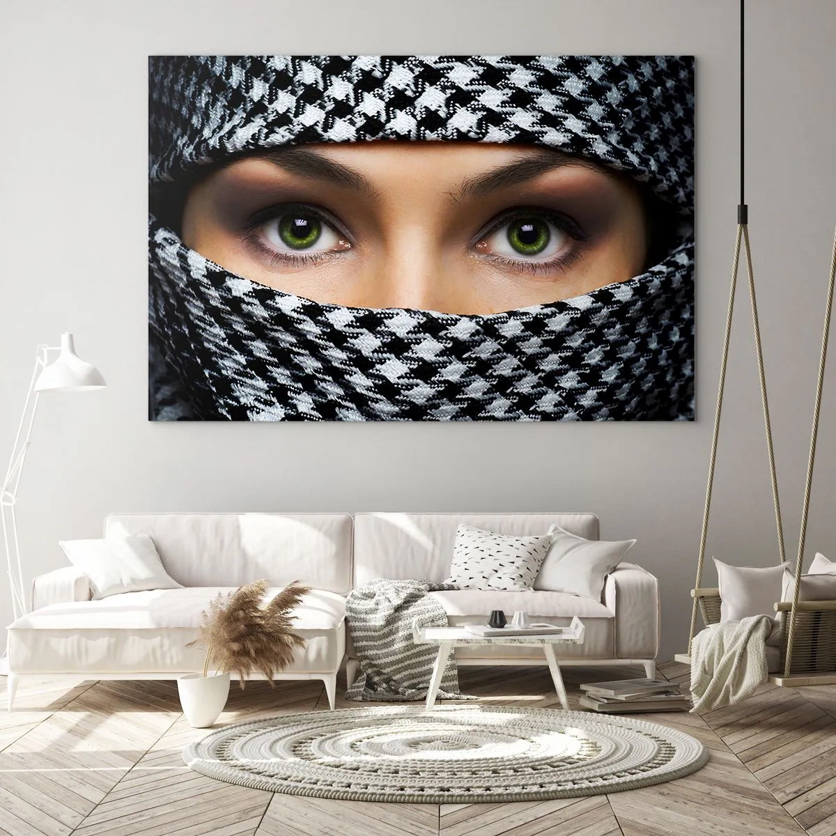 Obraz na szkle - Zielone oczy otoczone czarno-białym wzorem - 100x70cm - Portret zakwefionej zielonookiej piękności - Nowoczesna dekoracja ścienna do salonu, kuchni i sypialni ARTTOR