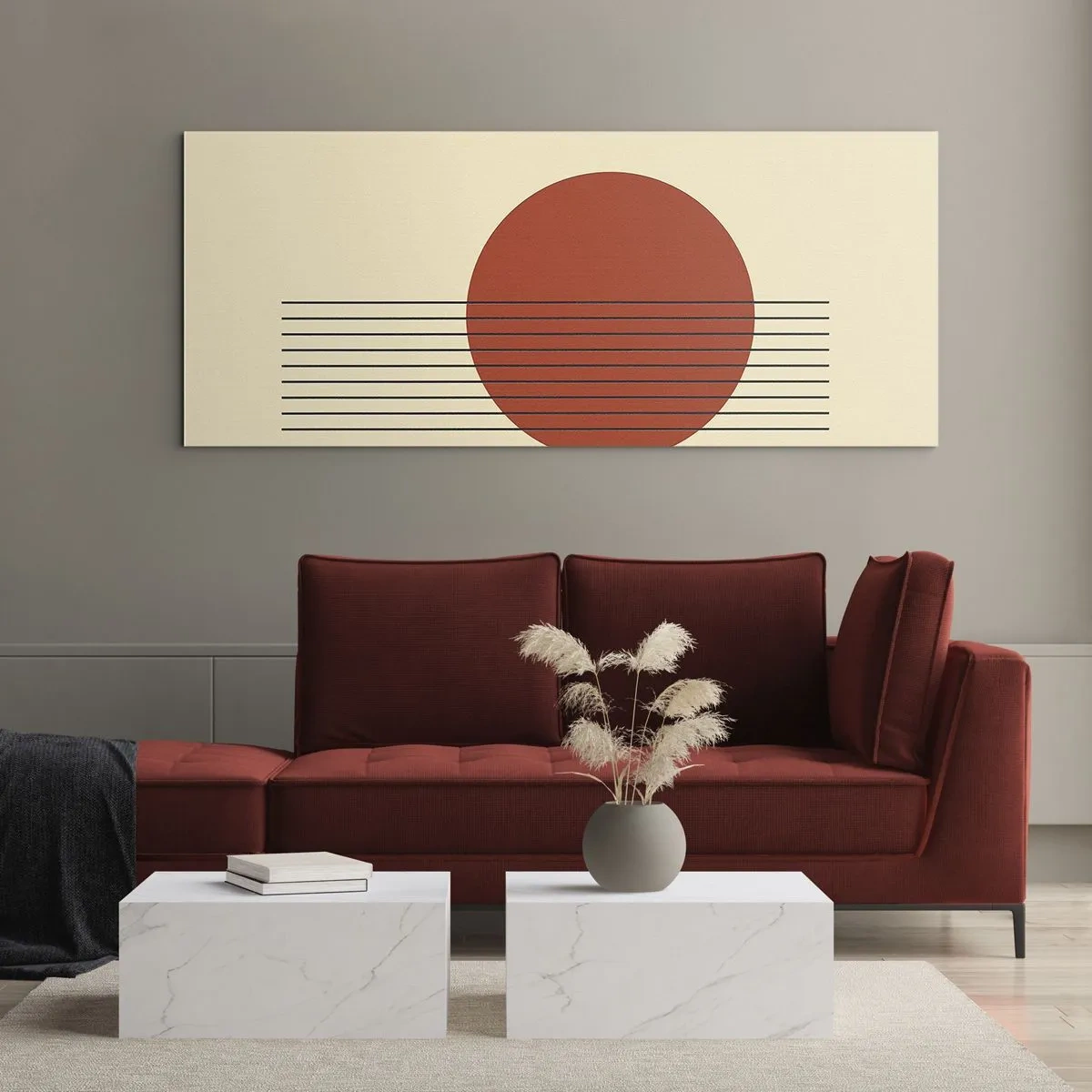 Obraz na szkle - Abstrakcyjny okrąg w czerwieni z liniami na beżowym tle - 120x50cm - W koło i dalej - Nowoczesna dekoracja ścienna do salonu i sypialni ARTTOR