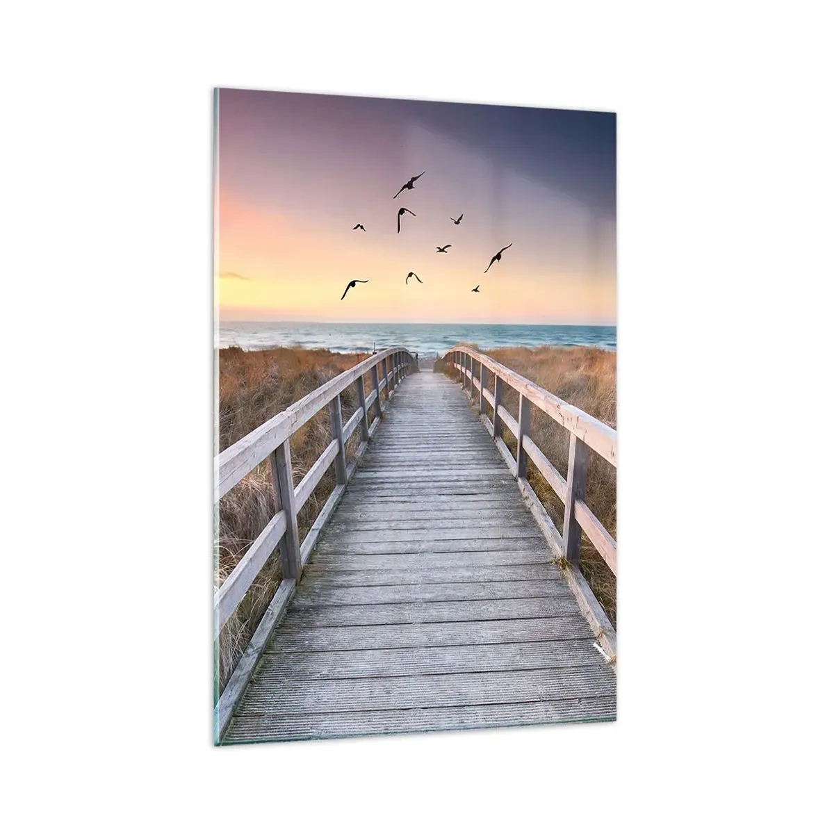 Obraz na szkle - Drewniany pomost prowadzący na plażę o zachodzie słońca - 80x120cm - Przestrzeń wzlotów - Nowoczesna dekoracja ścienna do salonu i sypialni ARTTOR