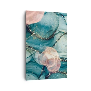 Obraz na płótnie - Abstrakcyjna kompozycja w odcieniach turkusu i złota - 80x120cm - Jedwabny błękit, tiulowy róż - Nowoczesna dekoracja ścienna do salonu i sypialni ARTTOR