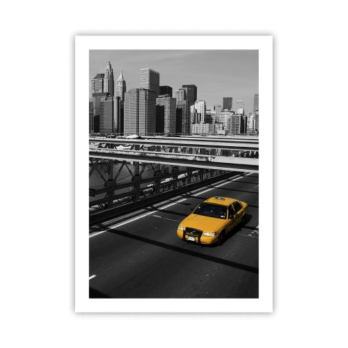 Plakat - Żółta taksówka na tle miasta w czerni i bieli - 50x70cm - Kolor wielkiego miasta - Nowoczesna dekoracja ścienna do salonu, kuchni i sypialni ARTTOR