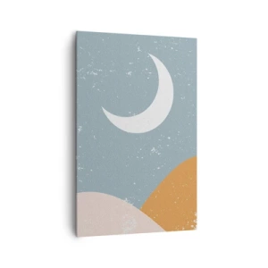 Obraz na płótnie - Półksiężyc na błękitnym tle z abstrakcyjnymi wzgórzami - 80x120cm - Cud wielu nocy - Nowoczesna dekoracja ścienna do salonu i sypialni ARTTOR