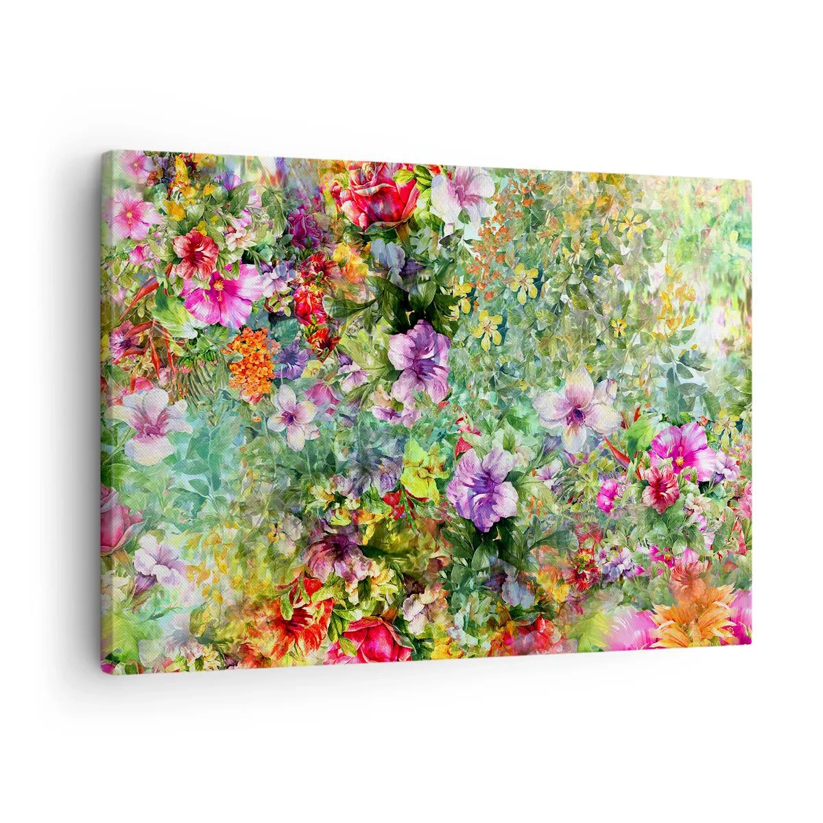 Obraz na płótnie - Kolorowa kompozycja kwiatów na zielonym tle - 70x50cm - W kwiaty na zatracenie - Nowoczesna dekoracja ścienna do salonu i sypialni ARTTOR