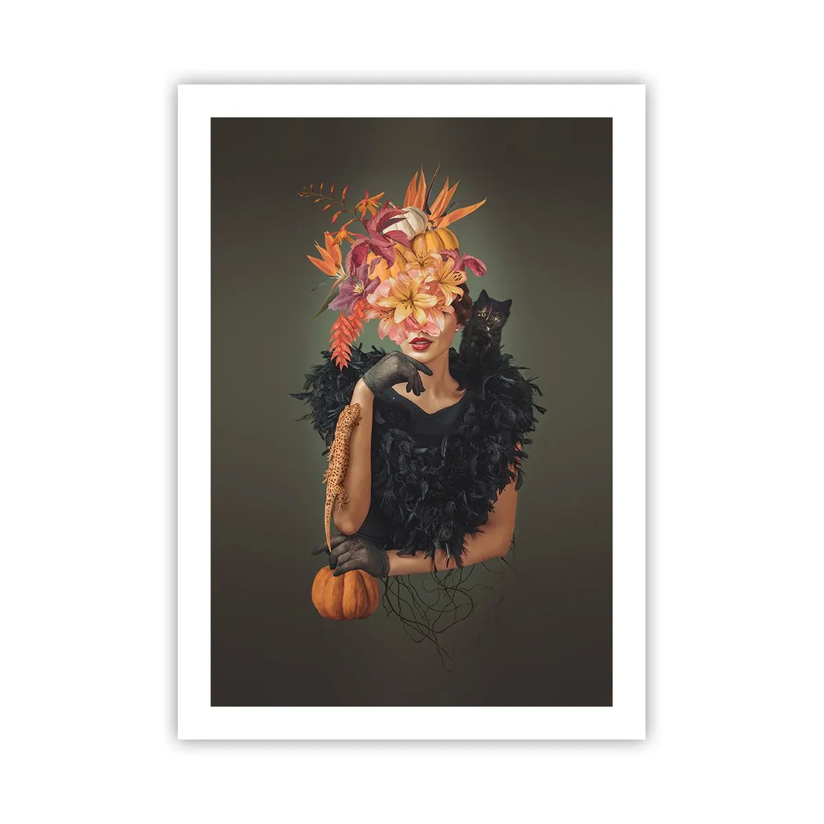 Plakat - Artystyczny portret kobiety z kwiatami, dynią i czarnym kotem - 50x70cm - Czar wiedźmy - Nowoczesna dekoracja ścienna do salonu, kuchni i sypialni ARTTOR