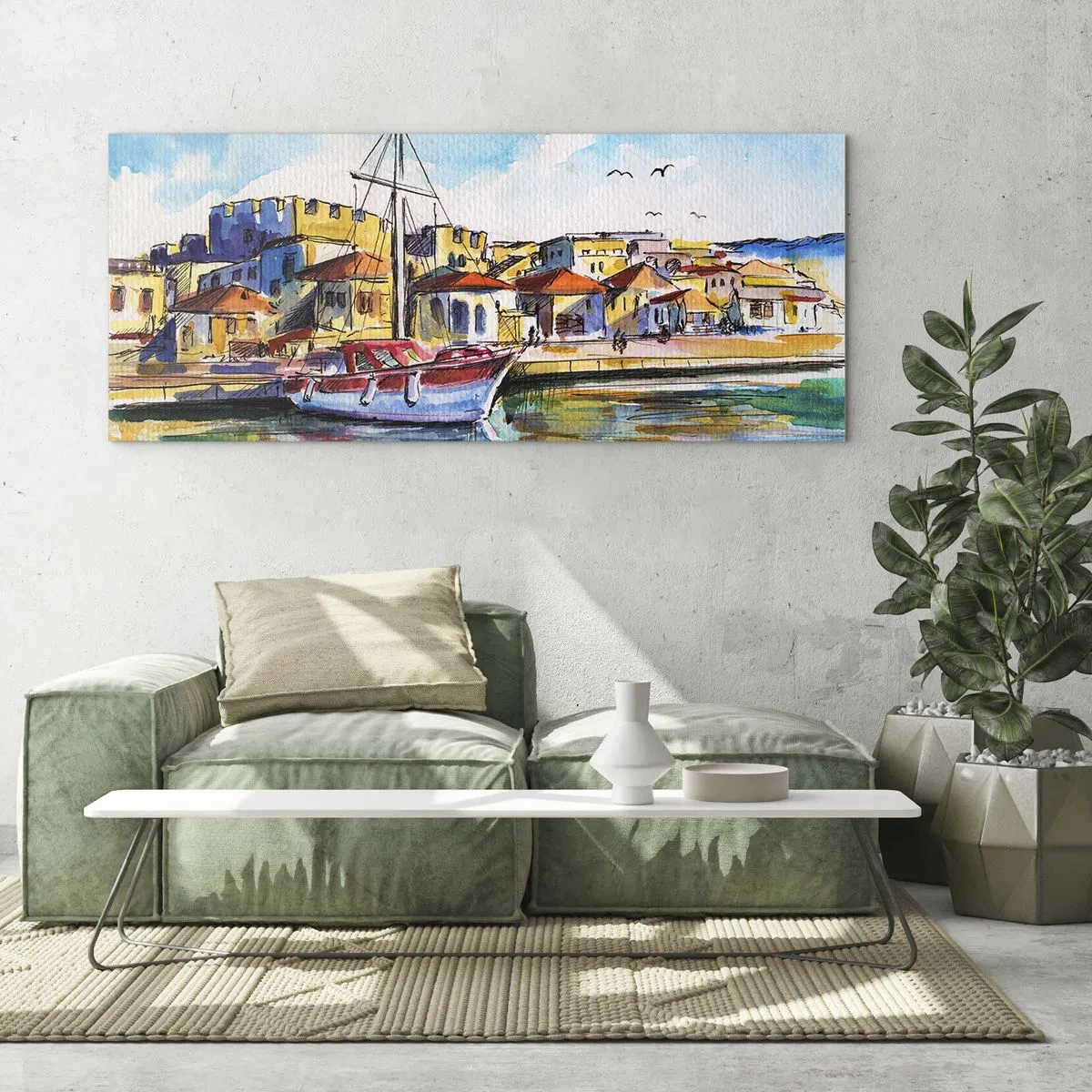 Obraz na szkle - Malowniczy port z łodzią i kolorowymi budynkami - 140x50cm - Tęczowe popołudnie - Nowoczesna dekoracja ścienna do salonu i sypialni ARTTOR