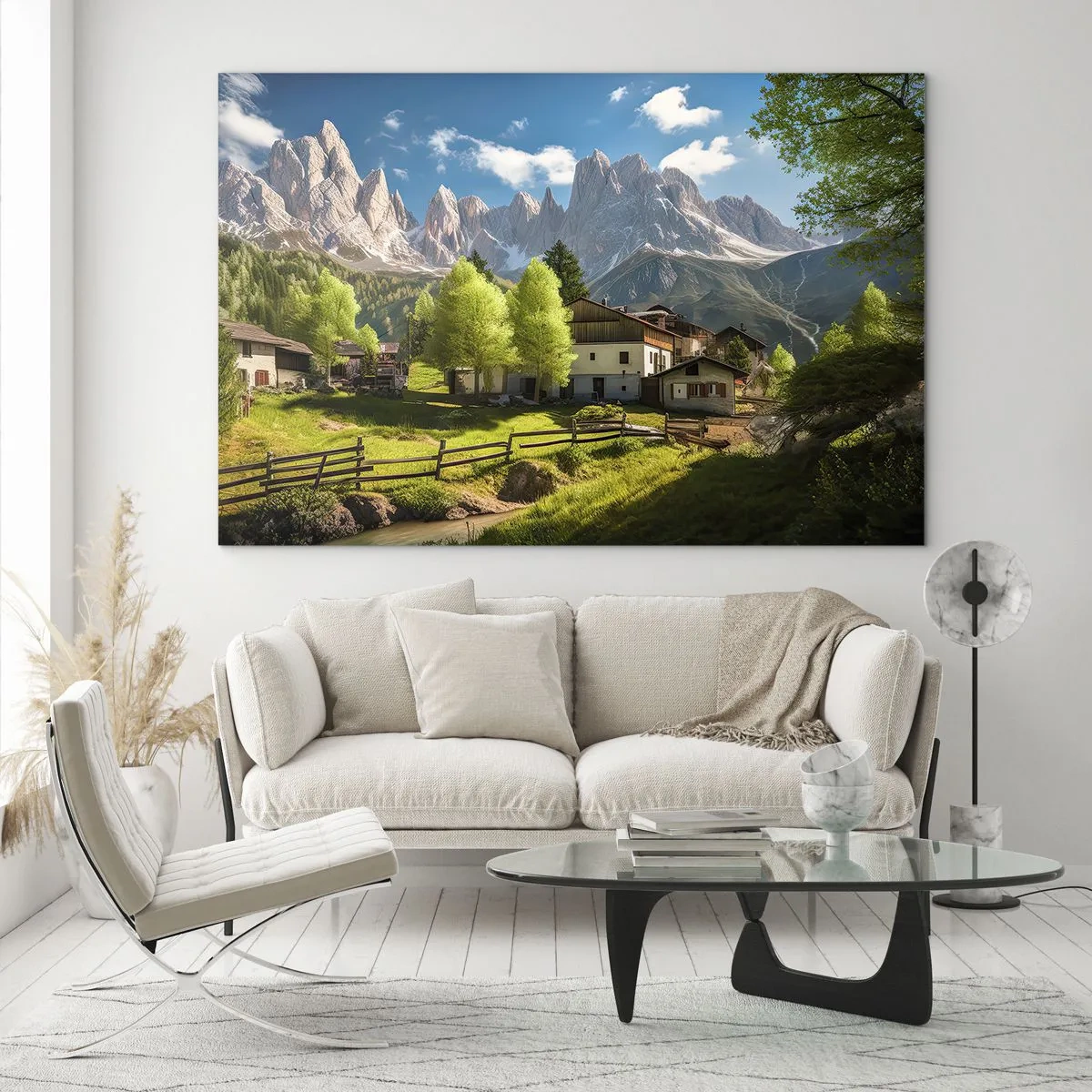 Obraz na szkle - Wiejska zabudowa wśród zieleni u stóp alpejskich szczytów - 70x50cm - Alpejska sielanka - Nowoczesna dekoracja ścienna do salonu i sypialni ARTTOR