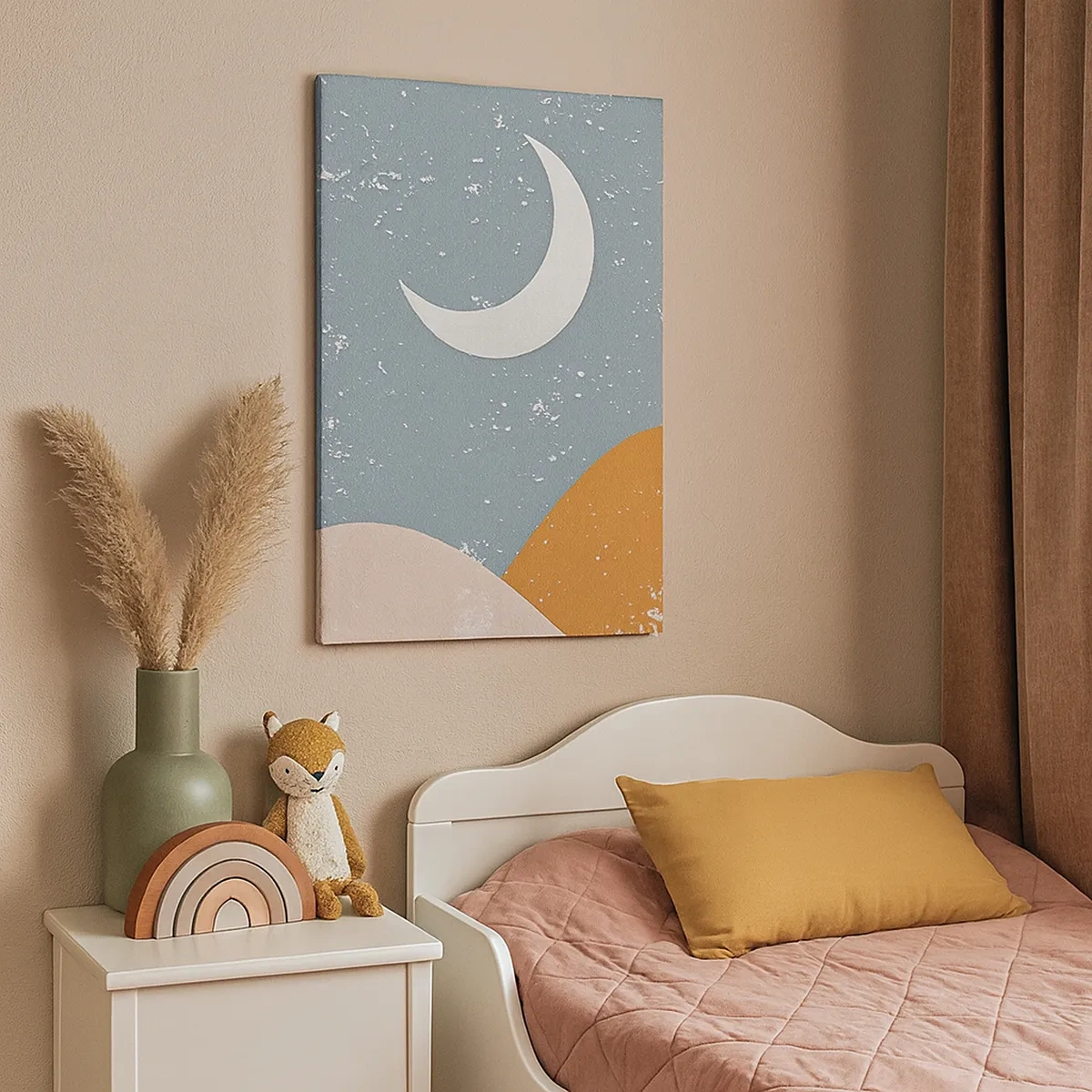 Obraz na płótnie - Półksiężyc na błękitnym tle z abstrakcyjnymi wzgórzami - 50x70cm - Cud wielu nocy - Nowoczesna dekoracja ścienna do salonu, kuchni i sypialni ARTTOR