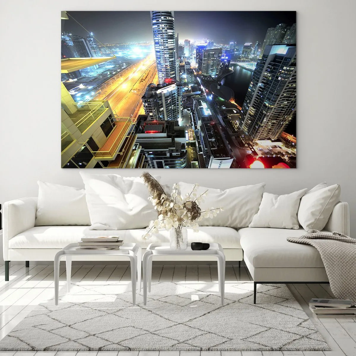Obraz na szkle - Panorama nocnego miasta z oświetlonymi wieżowcami - 70x50cm - Cud na pustyni - Nowoczesna dekoracja ścienna do salonu i sypialni ARTTOR