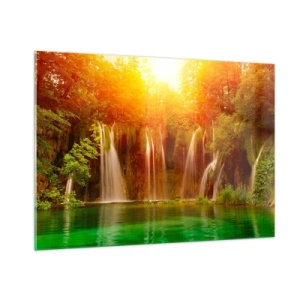 Obraz na szkle - Wodospady w słonecznym lesie z turkusową wodą - 100x70cm - W słońcu i w cieniu - Nowoczesna dekoracja ścienna do salonu, kuchni i sypialni ARTTOR