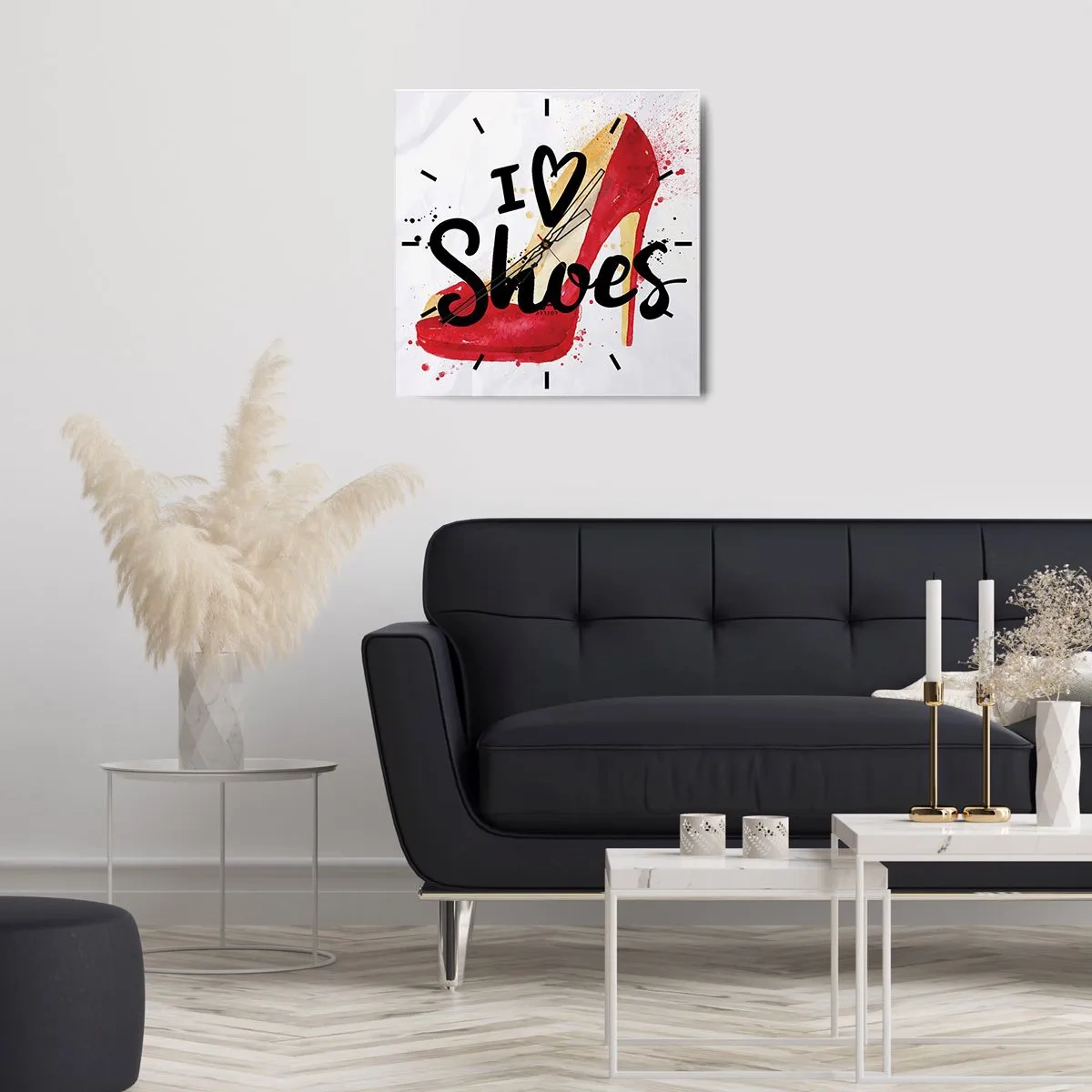 Zegar ścienny - Czerwony szpilka z napisem I love Shoes na białym tle - 30x30cm - Miłość niejedno ma imię - Nowoczesna dekoracja ścienna do salonu i sypialni ARTTOR