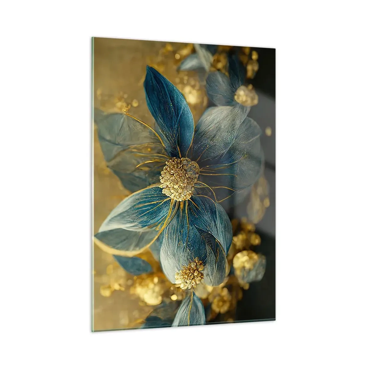 Obraz na szkle - Niebiesko-złote kwiaty o luksusowym charakterze - 50x70cm - Zakwitnąć złotem - Nowoczesna dekoracja ścienna do salonu, kuchni i sypialni ARTTOR