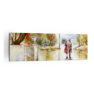 Obraz na płótnie - Spacer w jesiennym parku z parasolem - 160x50cm - Romantyczna jesień w parku - Nowoczesna dekoracja ścienna do salonu i sypialni ARTTOR