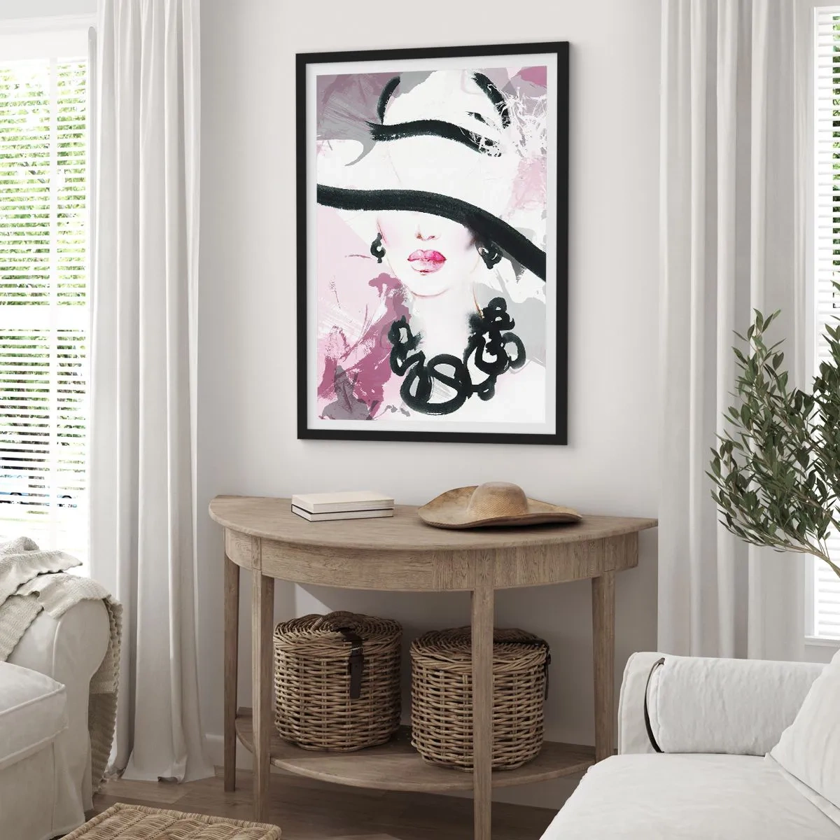 Plakat w czarnej ramie - Portret damy w czerni i różu - 70x100 cm