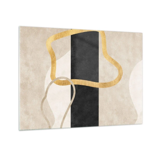 Obraz na szkle - Złote i beżowe linie tworzące zapętlone formy na tle czarnego paska - 70x50cm - Kształty zapętlone - Nowoczesna dekoracja ścienna do salonu i sypialni ARTTOR