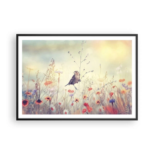 Plakat w czarnej ramie - Ptak na tle kolorowej łąki w pastelowych barwach - 100x70cm - Ptasi portret z łąką w tle - Nowoczesna dekoracja ścienna do salonu i sypialni ARTTOR