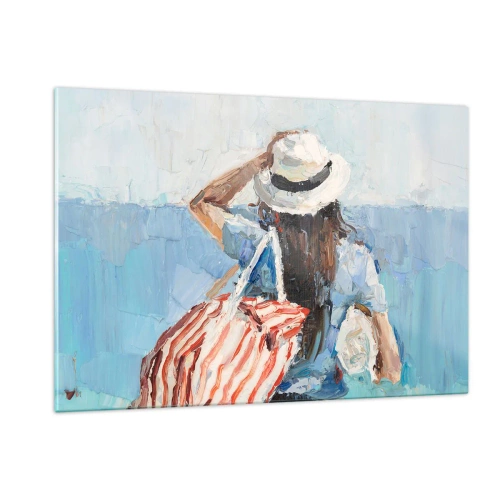 Obraz na szkle - Kobieta z torbą w paski patrząca na morze w słoneczny dzień - 120x80cm - Witaj na wakacjach - Nowoczesna dekoracja ścienna do salonu, kuchni i sypialni ARTTOR