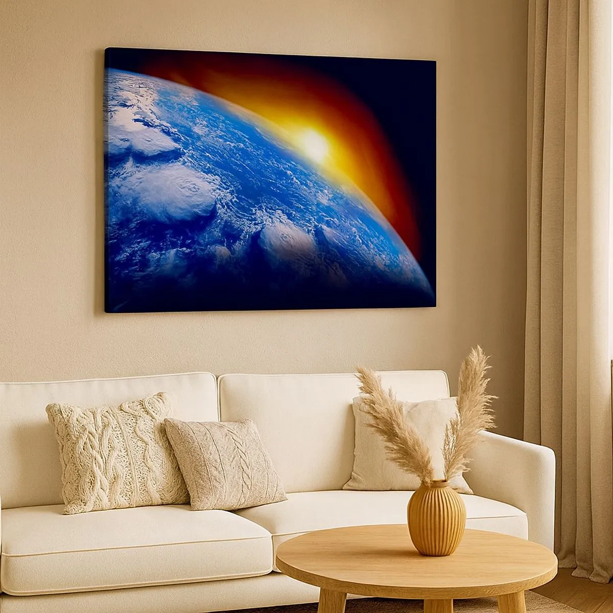 Obraz na płótnie - Widok na Ziemię z kosmosu przy zachodzącym słońcu - 70x50cm - Wschód słońca nad błękitną planetą - Nowoczesna dekoracja ścienna do salonu i sypialni ARTTOR