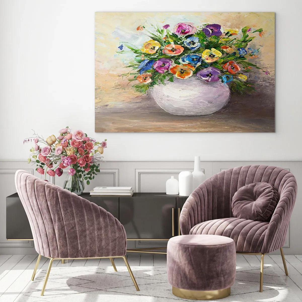 Obraz na szkle - Bukiet kolorowych kwiatów w białym wazonie - 100x70cm - Martwa natura z białym wazonem - Nowoczesna dekoracja ścienna do salonu, kuchni i sypialni ARTTOR