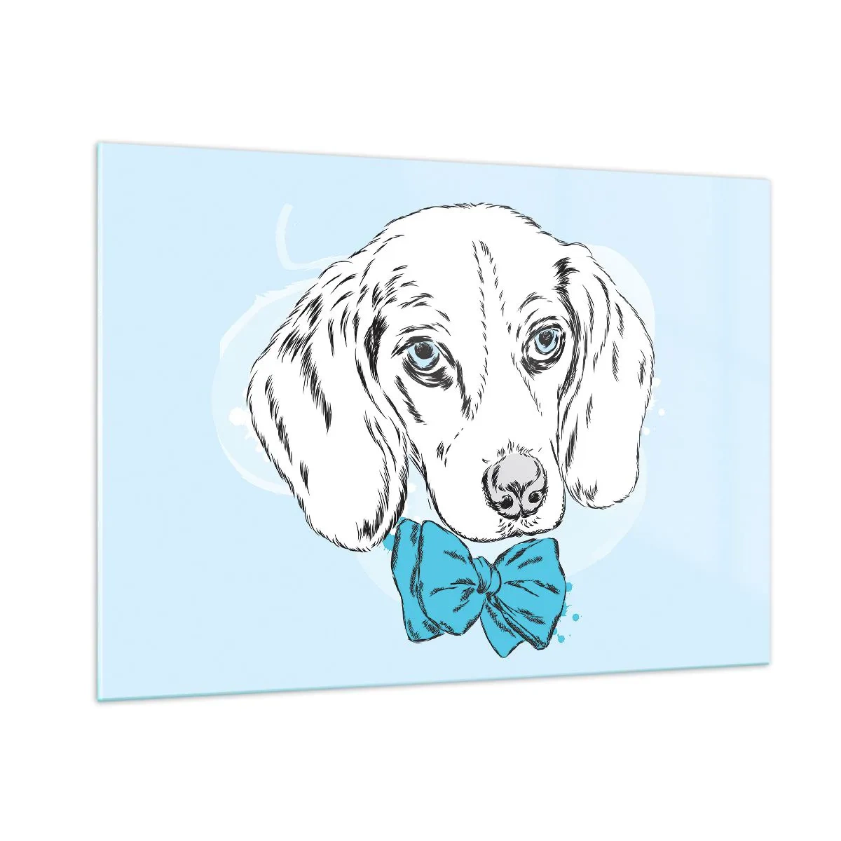 Obraz na szkle - Rysunek psa z muszką na niebieskim tle - 100x70cm - Psia elegancja - Nowoczesna dekoracja ścienna do salonu, kuchni i sypialni ARTTOR