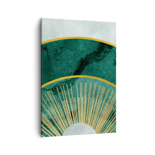 Obraz na płótnie - Elegancka geometryczna kompozycja w zieleni i złocie - 50x70cm - Inny układ słoneczny - Nowoczesna dekoracja ścienna do salonu, kuchni i sypialni ARTTOR