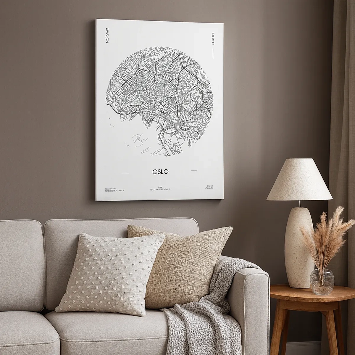 Obraz na płótnie - Minimalistyczna mapa Oslo w czarnych liniach na białym tle - 50x70cm - Anatomia Oslo - Nowoczesna dekoracja ścienna do salonu, kuchni i sypialni ARTTOR