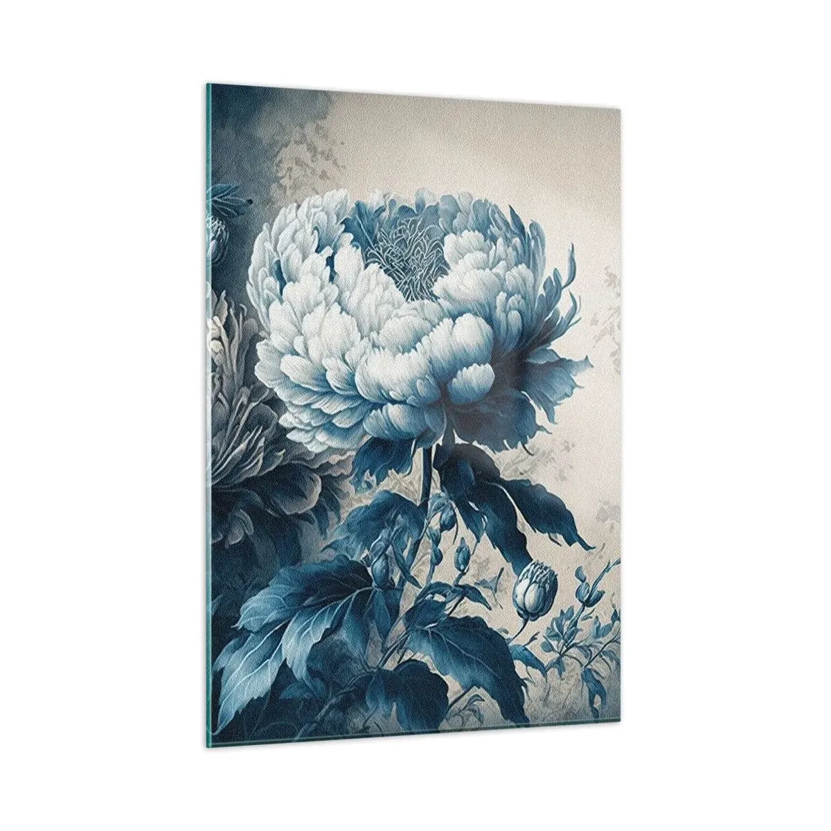 Obraz na szkle - Dwukolorowe piwonie w odcieniach błękitu i beżu na tle vintage - 50x70cm - Dobrana para - Nowoczesna dekoracja ścienna do salonu, kuchni i sypialni ARTTOR