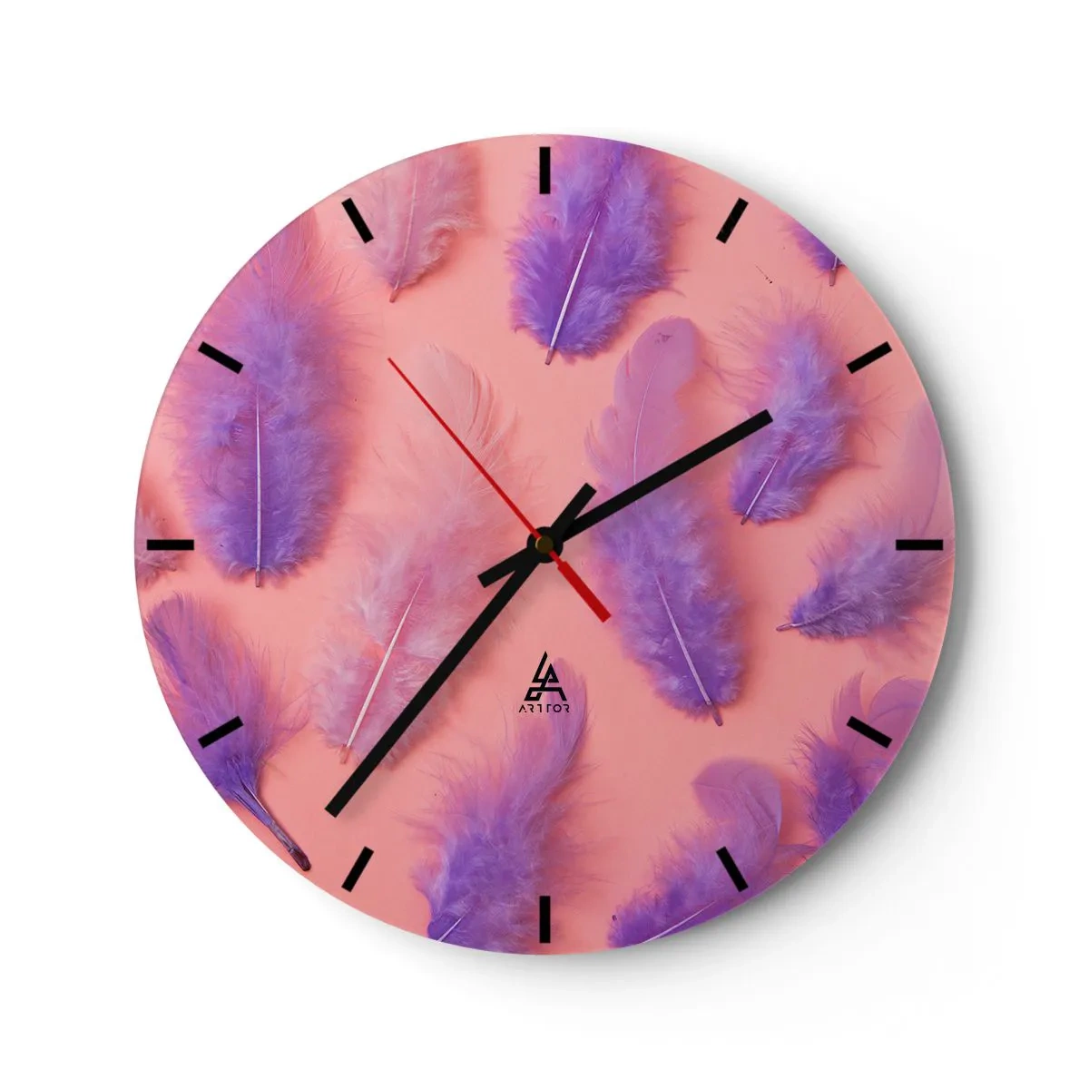 Zegar ścienny - Fioletowe pióra na różowym tle - 30x30cm - Liliowy ptak pragnienia - Nowoczesna dekoracja ścienna do salonu, kuchni i sypialni ARTTOR