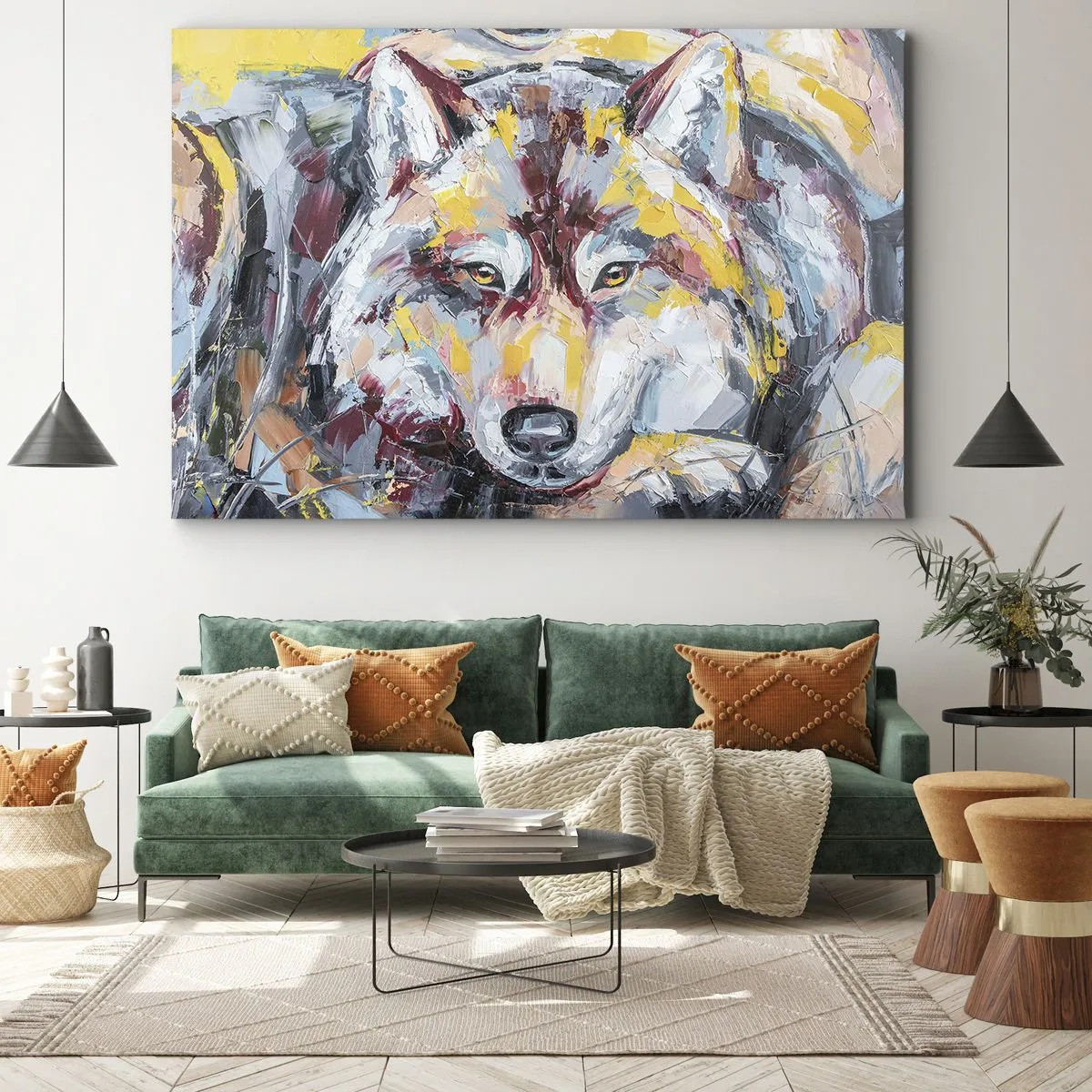 Obraz na płótnie - Artystyczny portret wilka w intensywnych kolorach - 70x50cm - Spokój wśród bliskich - Nowoczesna dekoracja ścienna do salonu i sypialni ARTTOR