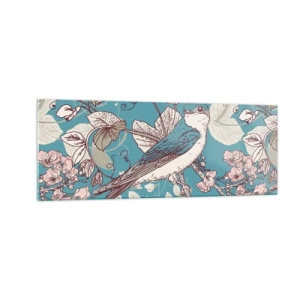 Obraz na szkle - Ptak na gałęzi w delikatnym floralnym stylu - 140x50cm - W białodrzewiu ćwirnie i srebliście - Nowoczesna dekoracja ścienna do salonu i sypialni ARTTOR