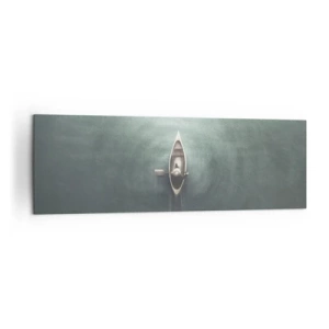 Obraz na płótnie - Samotna łódź na spokojnej wodzie w minimalistycznej scenerii - 160x50cm - Przez księżycowe jezioro - Nowoczesna dekoracja ścienna do salonu i sypialni ARTTOR