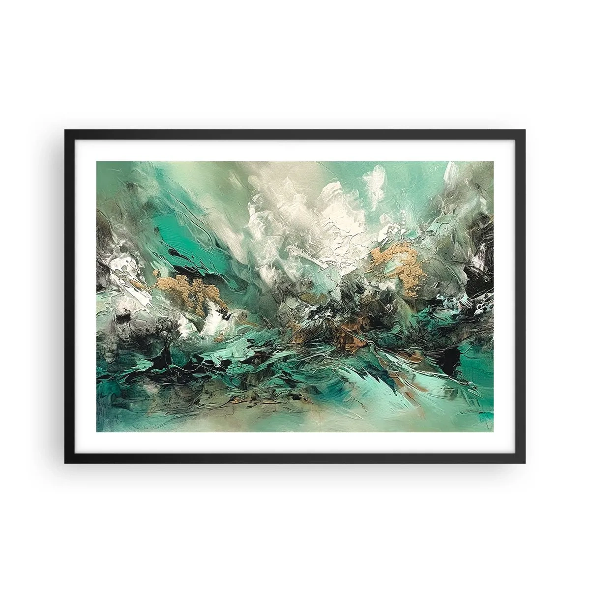 Plakat w czarnej ramie - Abstrakcyjny pejzaż w odcieniach zieleni i złota - 70x50cm - Szmaragdowo-czarna kipiel - Nowoczesna dekoracja ścienna do salonu i sypialni ARTTOR