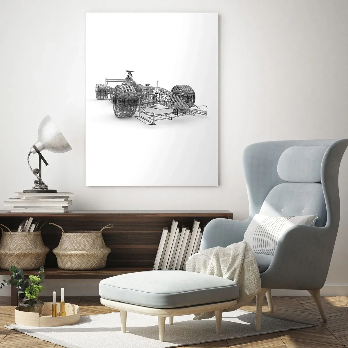Obraz na szkle - Rysunek techniczny samochodu wyścigowego w stylu 3D - 50x70cm - Idealna konstrukcja - idea pędu - Nowoczesna dekoracja ścienna do salonu, kuchni i sypialni ARTTOR