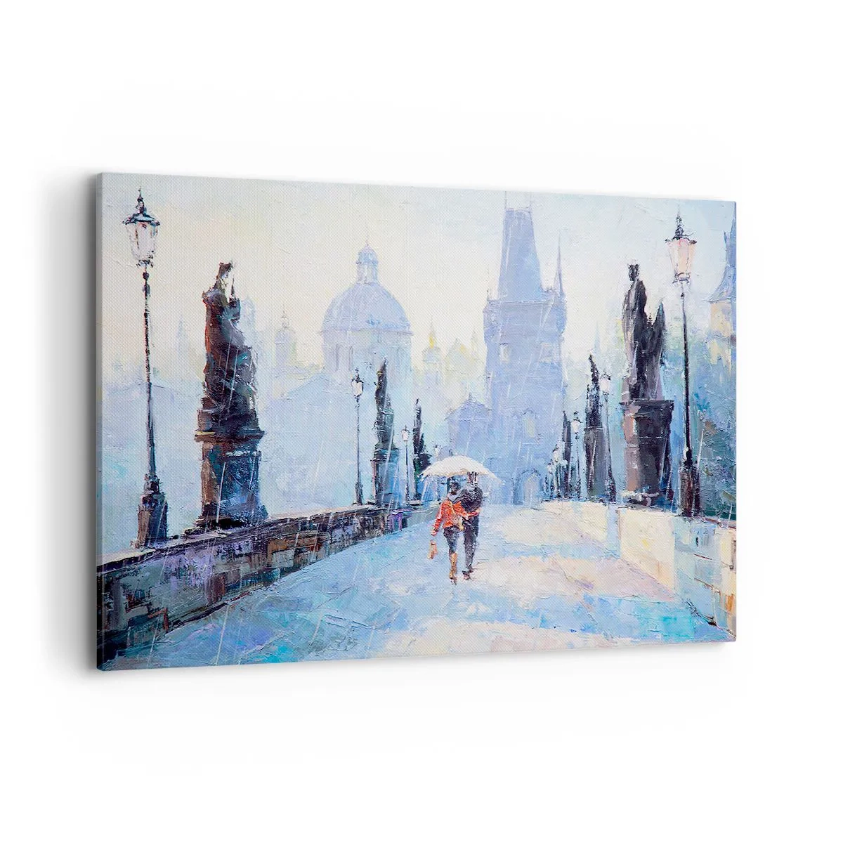 Obraz na płótnie - Romantyczna para na moście w deszczu, malarska scena - 120x80cm - Nas zaczarować musiał deszcz - Nowoczesna dekoracja ścienna do salonu, kuchni i sypialni ARTTOR