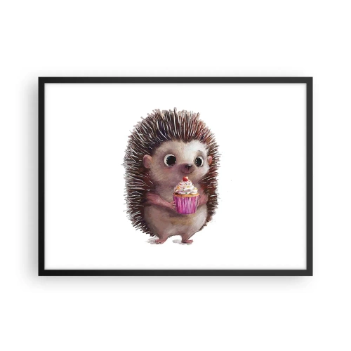 Plakat w czarnej ramie - Uroczy jeżyk z babeczką - 70x50cm - Święto jest co dzień - Nowoczesna dekoracja ścienna do salonu i sypialni ARTTOR
