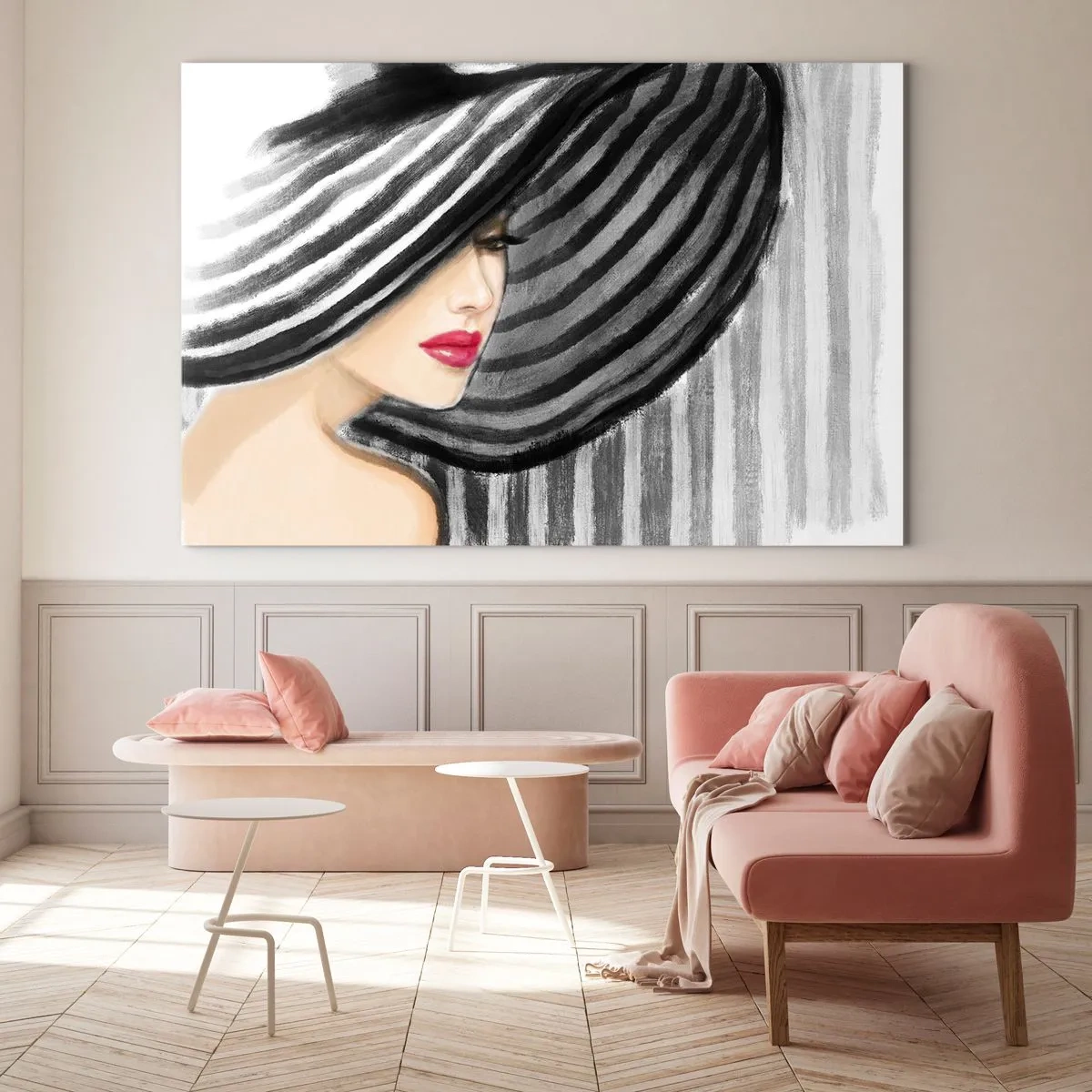 Obraz na szkle - Stylowa kobieta w kapeluszu w biało-czarne paski - 70x50cm - Gdzie ciebie szukać? - Nowoczesna dekoracja ścienna do salonu i sypialni ARTTOR