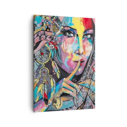 Obraz na płótnie - Kolorowy portret kobiety z motywem łapacza snów - 50x70cm - Milcz, aż zrozumiesz - Nowoczesna dekoracja ścienna do salonu, kuchni i sypialni ARTTOR