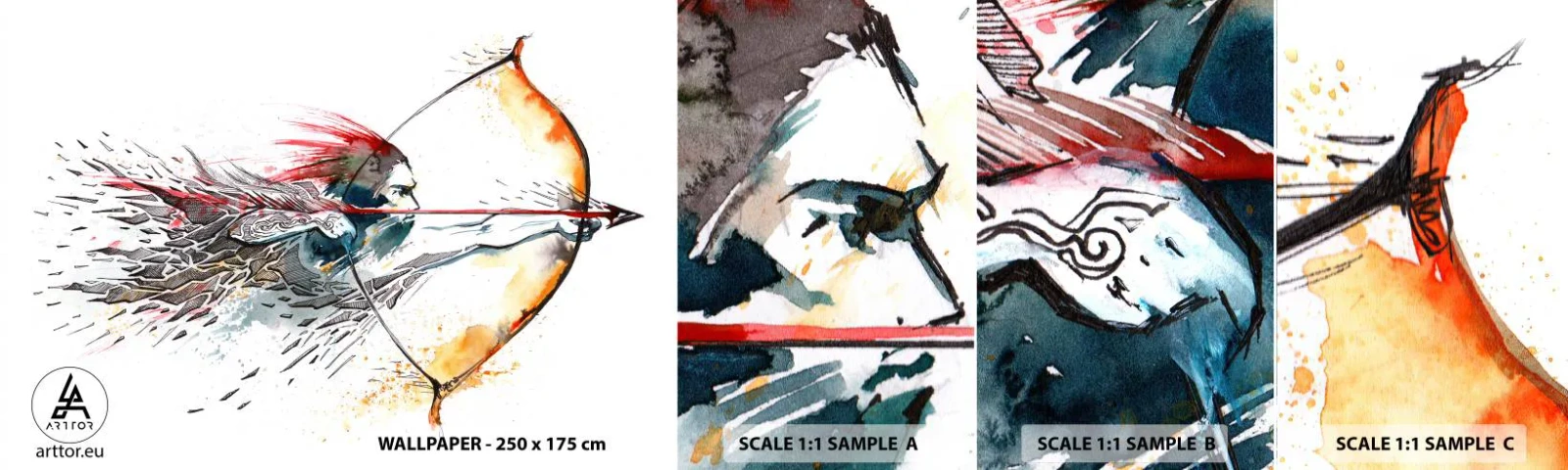 Fototapeta Próbka Samoprzylepna Deluxe Sticker - Mityczny wojownik z ognistym łukiem - Abstrakcja, Strzelec, Strzał Z Łuku - 100x30 cm