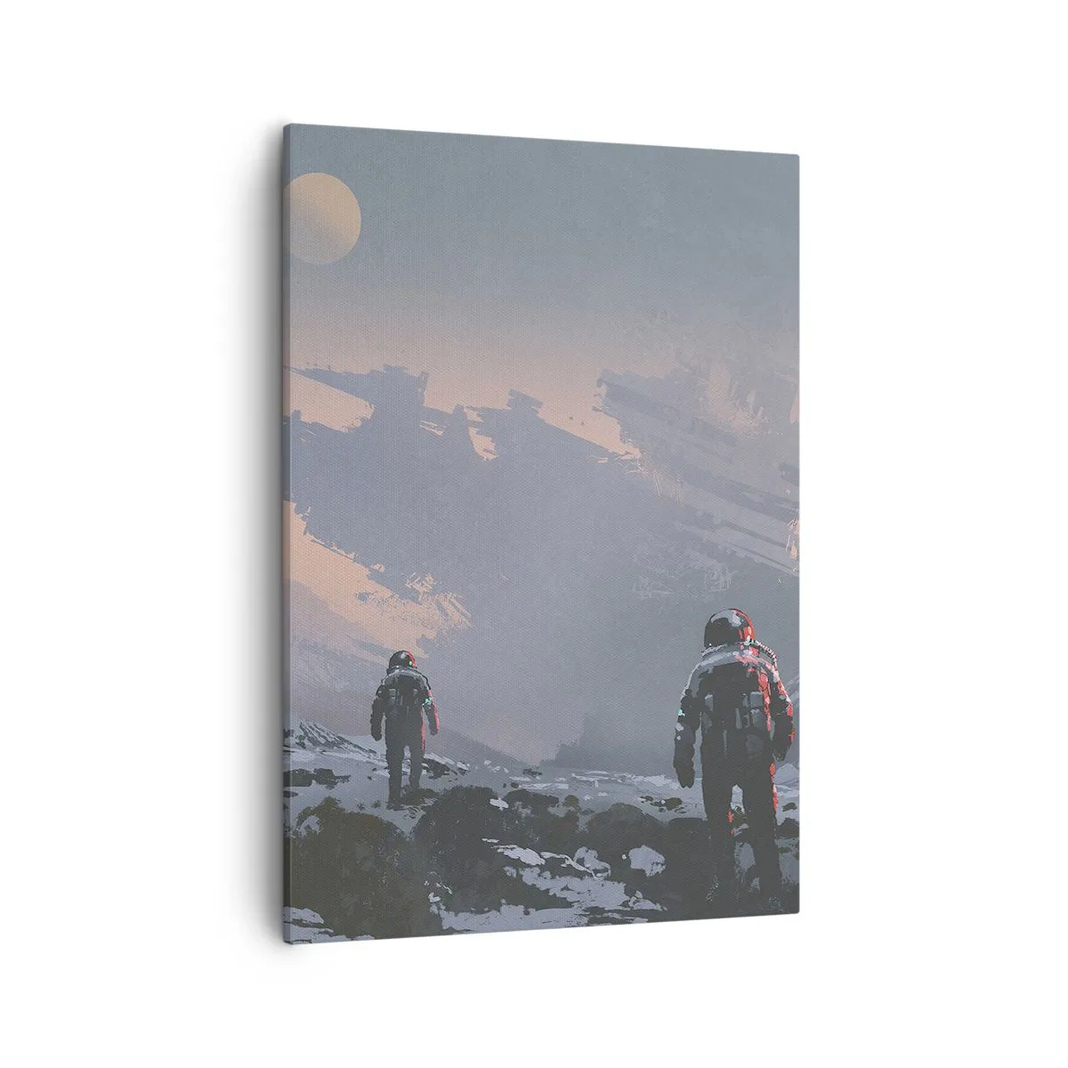 Obraz na płótnie - Astronauci na obcej planecie, odkrywający nieznane krajobrazy w ciepłych odcieniach nieba - 50x70cm - Pod nieznaną gwiazdą - Nowoczesna dekoracja ścienna do salonu, kuchni i sypialni ARTTOR