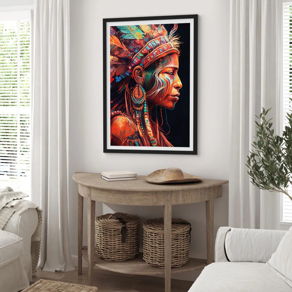 Plakat w czarnej ramie - Portret kobiety w tradycyjnym pióropuszu - 50x70cm - Magiczny rytuał - Nowoczesna dekoracja ścienna do salonu i sypialni ARTTOR
