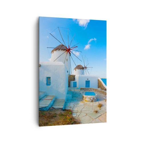 Obraz na płótnie - Białe wiatraki nad brzegiem błękitnego morza - 70x100cm - Błękitny wiatr od morza - Nowoczesna dekoracja ścienna do salonu i sypialni ARTTOR