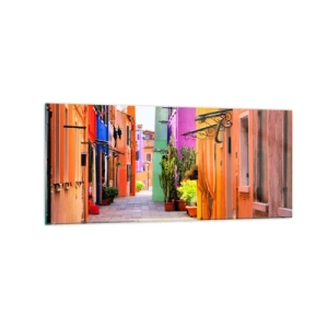 Obraz na szkle - Kolorowa uliczka z kamienicami w jasnych odcieniach - 120x50cm - Tęczowy zaułek - Nowoczesna dekoracja ścienna do salonu i sypialni ARTTOR
