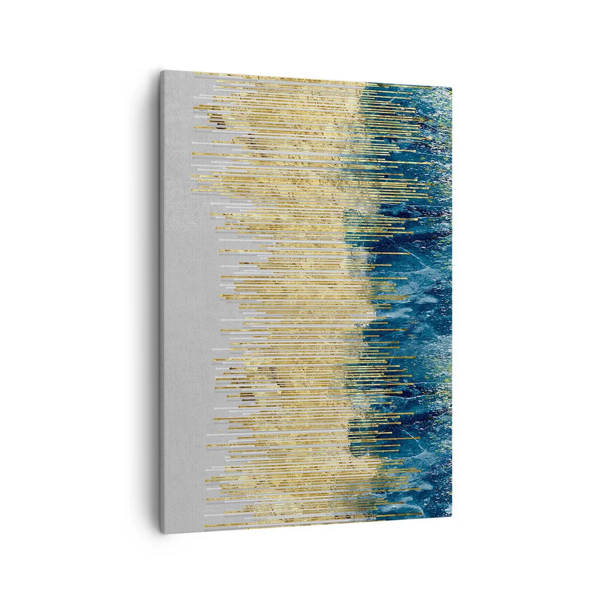 Obraz na płótnie - Abstrakcyjna kompozycja złotych linii i gradientu niebiesko-złotego - 50x70cm - Wyzłocona granica - Nowoczesna dekoracja ścienna do salonu, kuchni i sypialni ARTTOR