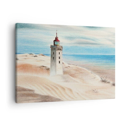 Obraz na płótnie - Latarnia morska w otoczeniu piaszczystych wydm i błękitnego nieba - 70x50cm - Zawsze wpatrzona w morze - Nowoczesna dekoracja ścienna do salonu i sypialni ARTTOR