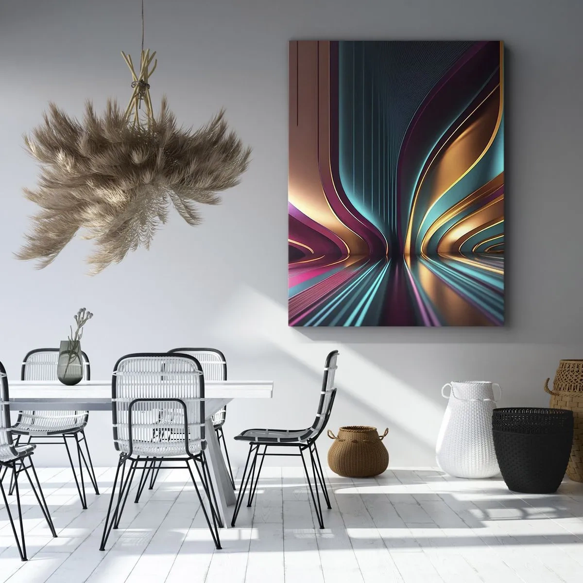 Obraz na płótnie - Futurystyczna abstrakcja z dynamicznymi liniami i światłem - 50x70cm - Architektura światła - Nowoczesna dekoracja ścienna do salonu, kuchni i sypialni ARTTOR