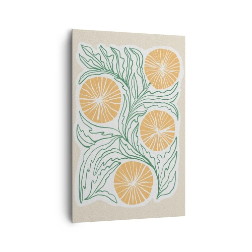 Obraz na płótnie - Minimalistyczny motyw pomarańczy z zielonymi liśćmi - 80x120cm - Etnicznie z nutą abstrakcji - Nowoczesna dekoracja ścienna do salonu i sypialni ARTTOR