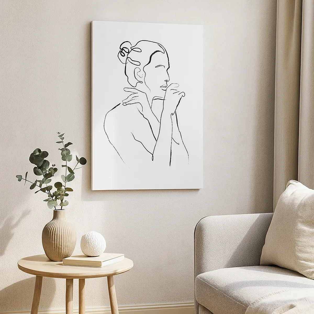 Obraz na płótnie - Minimalistyczna linia konturowa kobiecej sylwetki na białym tle - 50x70cm - Akt: zmysłowe misterium - Nowoczesna dekoracja ścienna do salonu, kuchni i sypialni ARTTOR