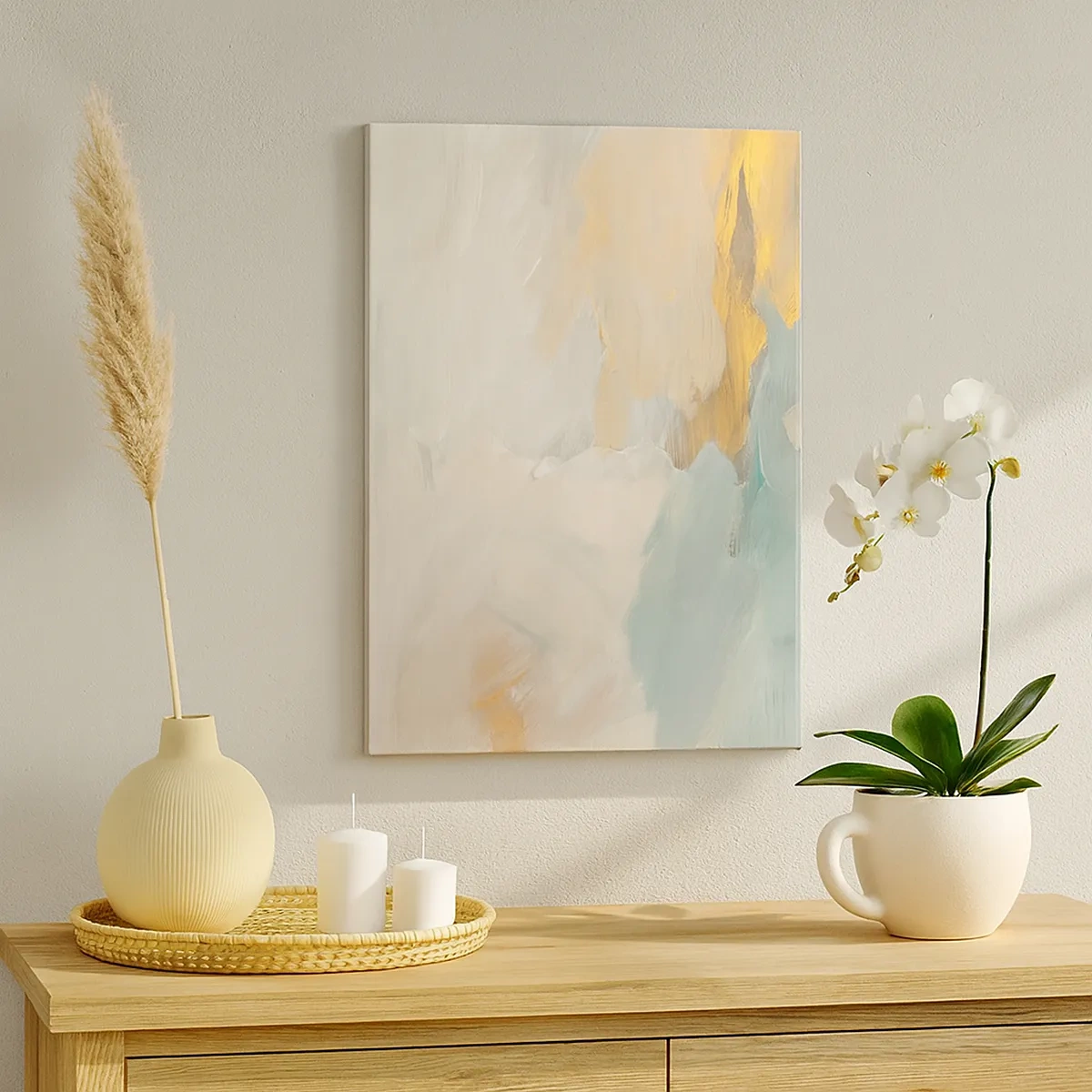 Obraz na płótnie - Subtelna abstrakcja z akcentami złota - 50x70cm - Abstrakcja – kraina łagodności - Nowoczesna dekoracja ścienna do salonu, kuchni i sypialni ARTTOR